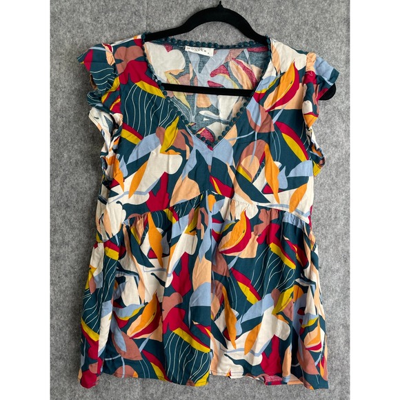 Emily Wonder Tops - Emily Wonder Abstract Ruffle Sleeve Boho Peplum Top S Colorful Floral Print